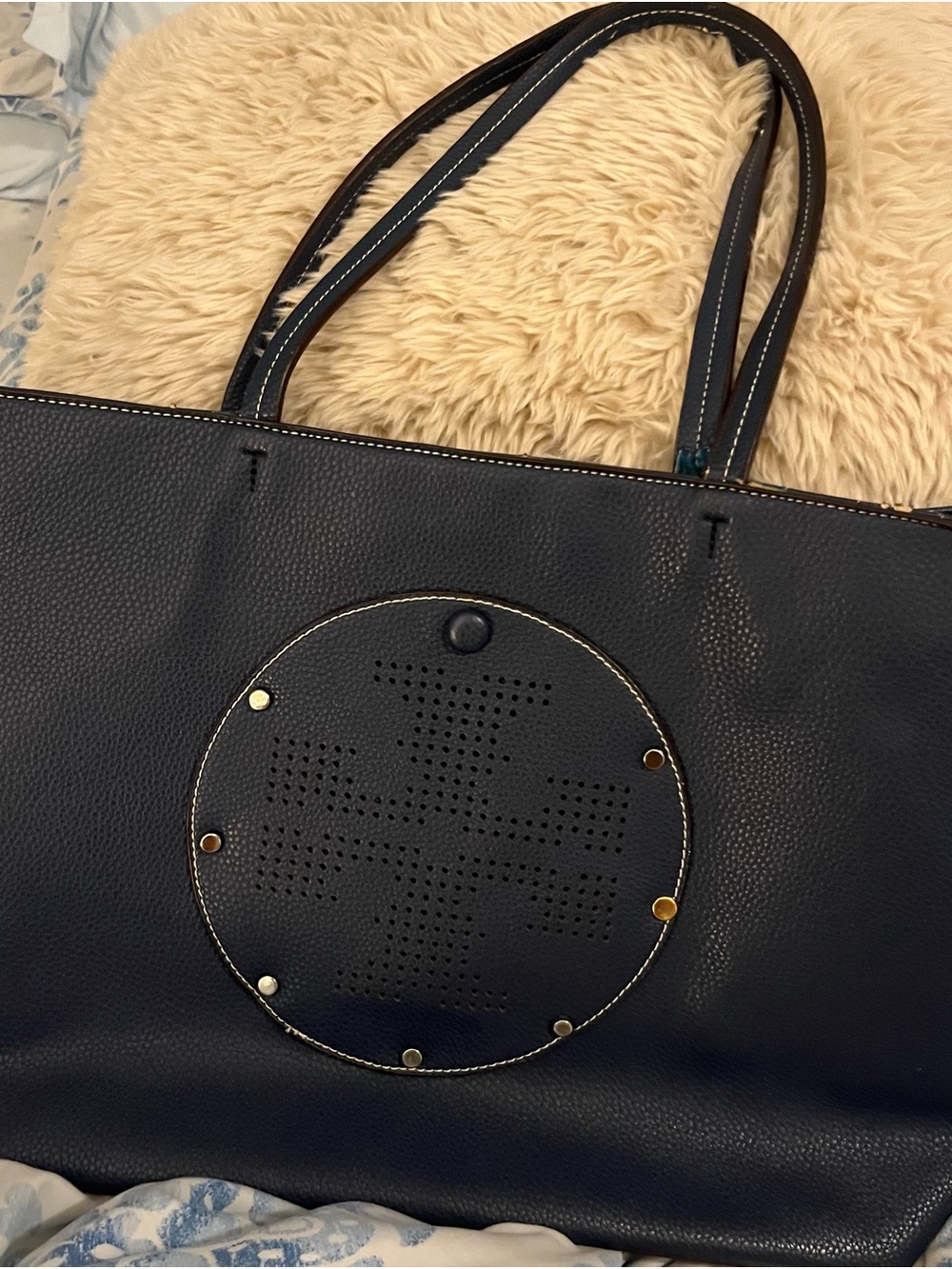 Tory Burch Navy Leather Tote Bag with Perforated Circle Accent